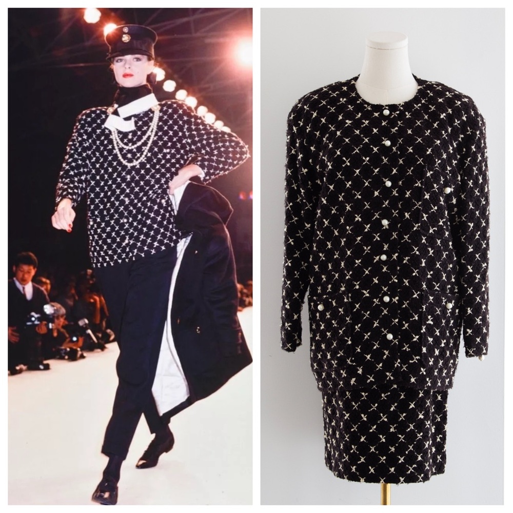 Chanel Vintage Fall/Winter 1987 Black & White “X” Tweed Jacket & Skirt Suit